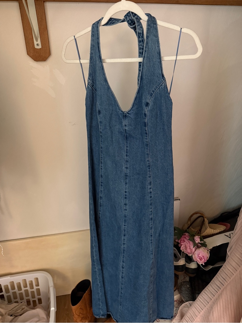 Denim Halter Maxi Dress - Blue